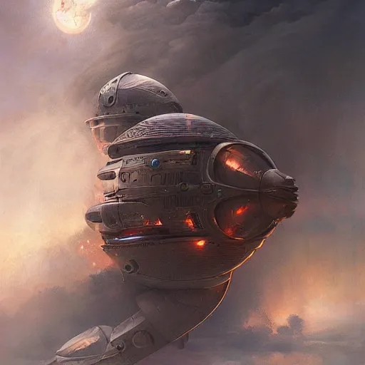 Image similar to a spaceship, stuck in the ground, the spaceship is on fire, smoke, hard rainstorm, angry, kinetic, artgerm and tom bagshaw, highly detailed oil painting,