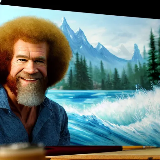 Image similar to a closeup photorealistic photograph of bob ross working on a canvas painting of aquaman. film still. brightly lit scene. mountains and trees. this 4 k hd image is trending on artstation, featured on behance, well - rendered, extra crisp, features intricate detail, epic composition and the style of unreal engine.