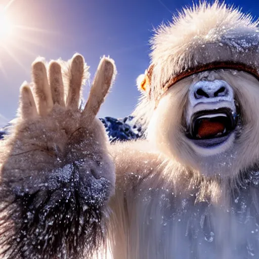 Prompt: realistic photo scene of a friendly and cheerful yeti waving at the camera, snowy scene, morning sunlight