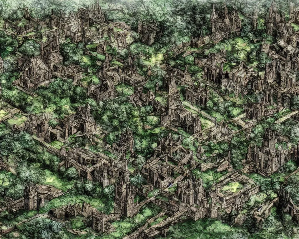 Image similar to medieval elven city, built into trees and stone