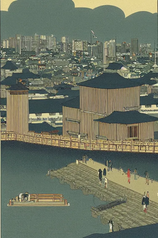 Prompt: City of Melbourne, in the style of Kawase Hasui, intricate, ultra-detailed