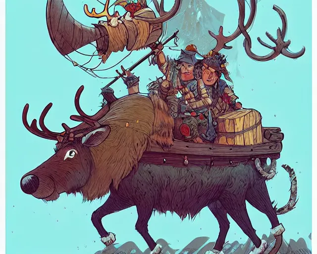 Image similar to cell shaded cartoon of a hairy chebo viking boarding a ship, a reindeer stands in the distance, subtle colors, post grunge, concept art by josan gonzales and wlop, by james jean, victo ngai, david rubin, mike mignola, deviantart, art by artgem