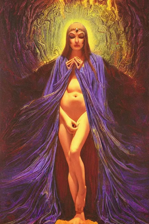 Image similar to gorgeous robed cult girl performing realism third eye ritual, dark theme night time, expanding energy into waves into the ethos, epic surrealism 8k oil painting, portrait, depth of field, perspective, high definition, post modernist layering, by Ernst Fuchs, Gerald Brom