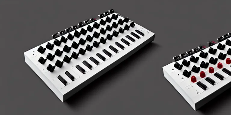 Image similar to dezeen showroom , minimalissimo, archdaily, teenage engineering moad, mother of all decks, product design concept, top down view of moog melotron synthesizer made by jony ives , dieter rams, 8k, high detailed photo