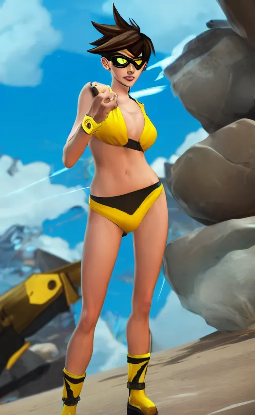 Image similar to tracer game character, in yellow bikini, blonde hair, black eyes, full height