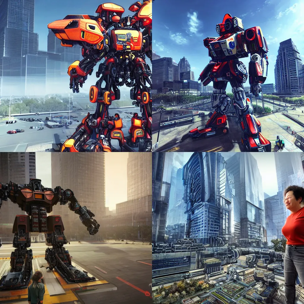 Prompt: lisa su piloting giant mech in a city, realistic lighting, photo realistic, realistic reflections, amazing detail, amd