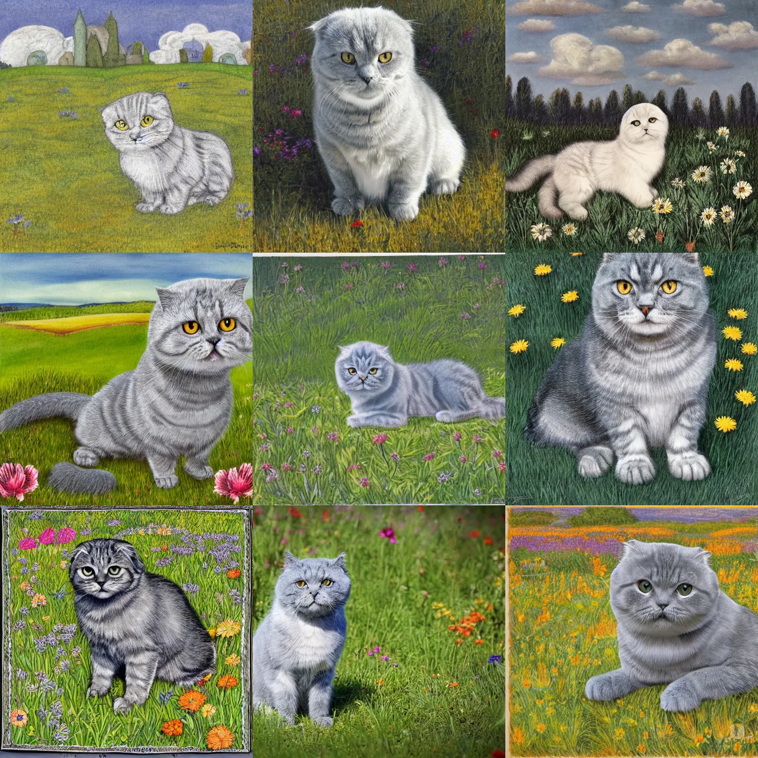 Prompt: a gray scottish fold sitting in the middle of sunny meadow, colored, by boris diodorov