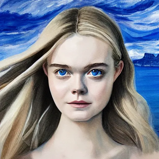 Image similar to professional painting of Elle Fanning in Santorini in the style of Peter Zumthor, head and shoulders portrait, symmetrical facial features, smooth, sharp focus, illustration, intricate, stormy weather, extremely detailed masterpiece,