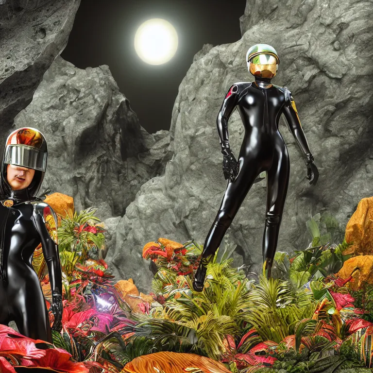 Image similar to octane render portrait by wayne barlow and carlo crivelli and glenn fabry, focus on a woman wearing a smooth shiny black latex spacesuit with intricate iridescent metal helmet, surrounded in colorful tropical alien flora in front of a giant rocky cave opening, cinema 4 d, ray traced lighting, very short depth of field, bokeh