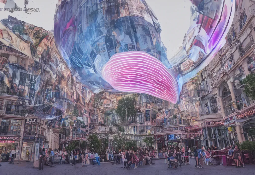 Prompt: 3 d 🥓 popping out of curved screens, town square, volumetric lighting, creterion collection, shot on 7 0 mm, instax