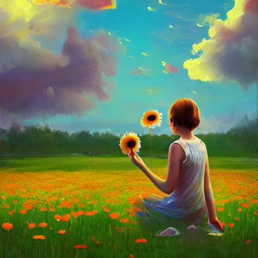 Image similar to giant daisy flower head, girl sitting in a flower field, surreal photography, sunrise, dramatic light, impressionist painting, colorful clouds, digital painting, artstation, simon stalenhag