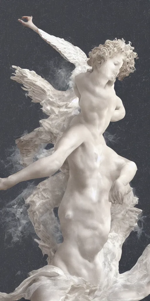 Prompt: realistic digital painting of a stunning intricate cracked white marble falling angel bernini sculpture, trailing white vapor, mycelium stands and misty xparticles neutral tone background, trending on artstation, hyperrealism, matte painting, subsurface scattering