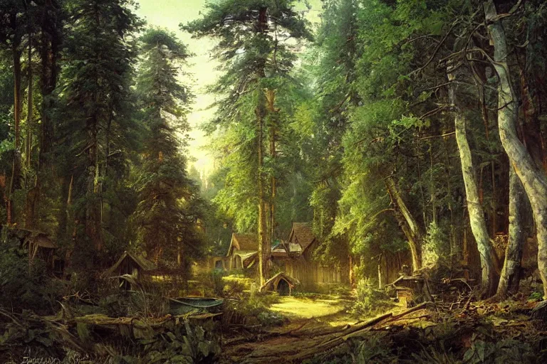 Prompt: A beautiful painting of russian village in dark forest by ivan shishkin and stephen hickman, trending on artstation,matte painting