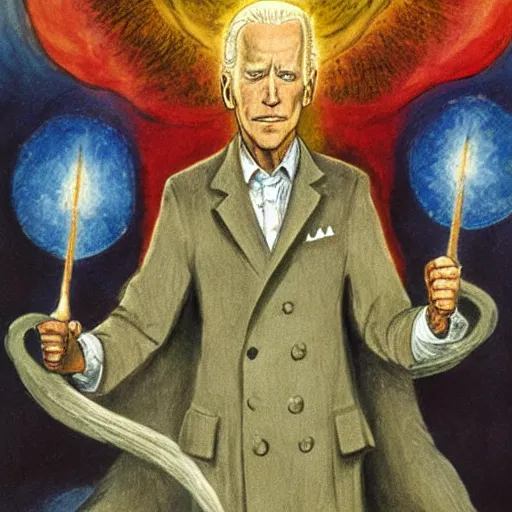 Prompt: joe biden as demiurge creating 1 9 5 0 s world, painting by william blake and jon mcnauhgton