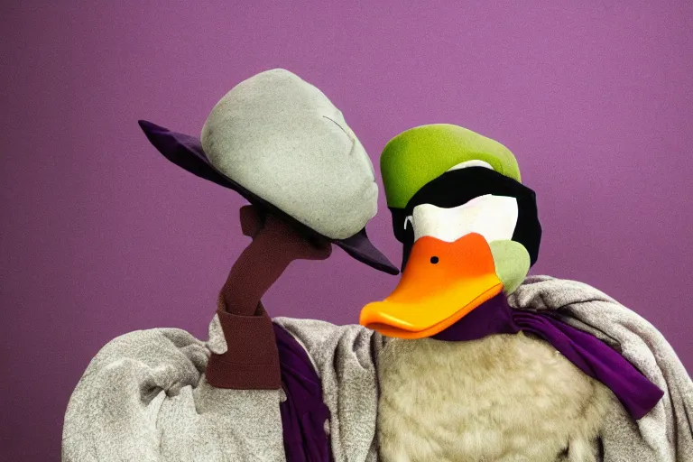 Image similar to duck wearing purple hat and cape and zoro mask by Roger Deakins