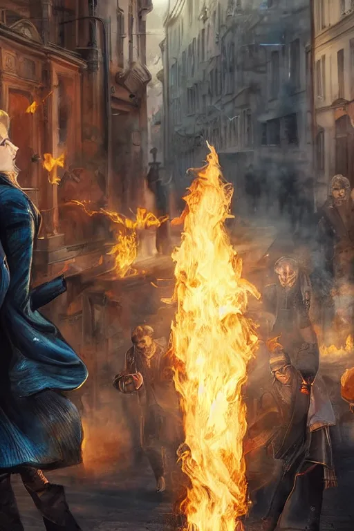 Prompt: in the foreground a street of Saint Petersburg, in the background a blond woman spitting flames with her hands wearing a long jacket like a matrix, realistic, high definition, many details, dramatic scene, detailed and realistic hands, symmetrical face, eyes realistic, art of D&D