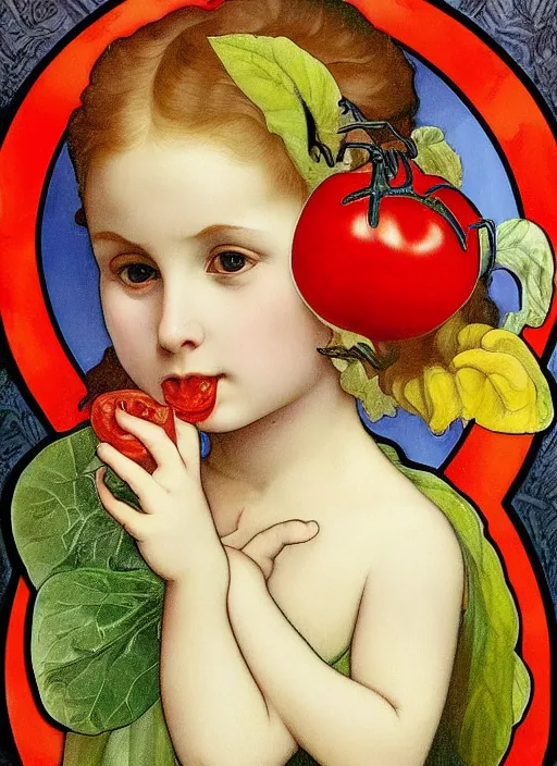 Image similar to Girl with a tomato, in the style of Raphael and Mark Ryden and Alphonse Mucha,