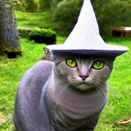 Prompt: beautiful cat with a wizard hat in the shire