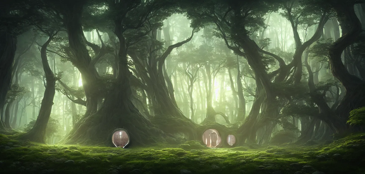 Image similar to random mystic forest huge house landscape, big round glowing magic portal house, central symmetrical composition, incredible, vector art, octane render, fabulous, hyper detailed, random cinematic view, no noise, global illumination, warm lighting, volumetric, godrays, vivid, beautiful, by jordan grimmer