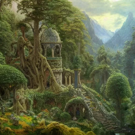 Prompt: a beautiful and highly detailed matte painting of an elven garden palace in a breath taking forest in a deep valley in the beautiful mountains of avalon, celtic knots, detailed woody trees, intricate details, epic scale, insanely complex, 8 k, sharp focus, hyperrealism, very realistic, by caspar friedrich, albert bierstadt, james gurney, brian froud,