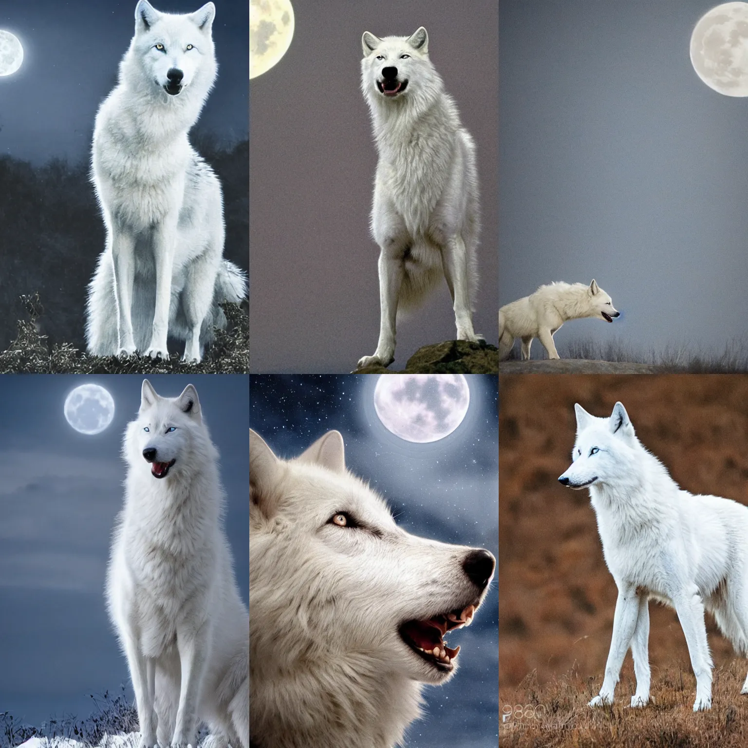 Prompt: photograph of a white wolf with blue eyes howling at the moon,