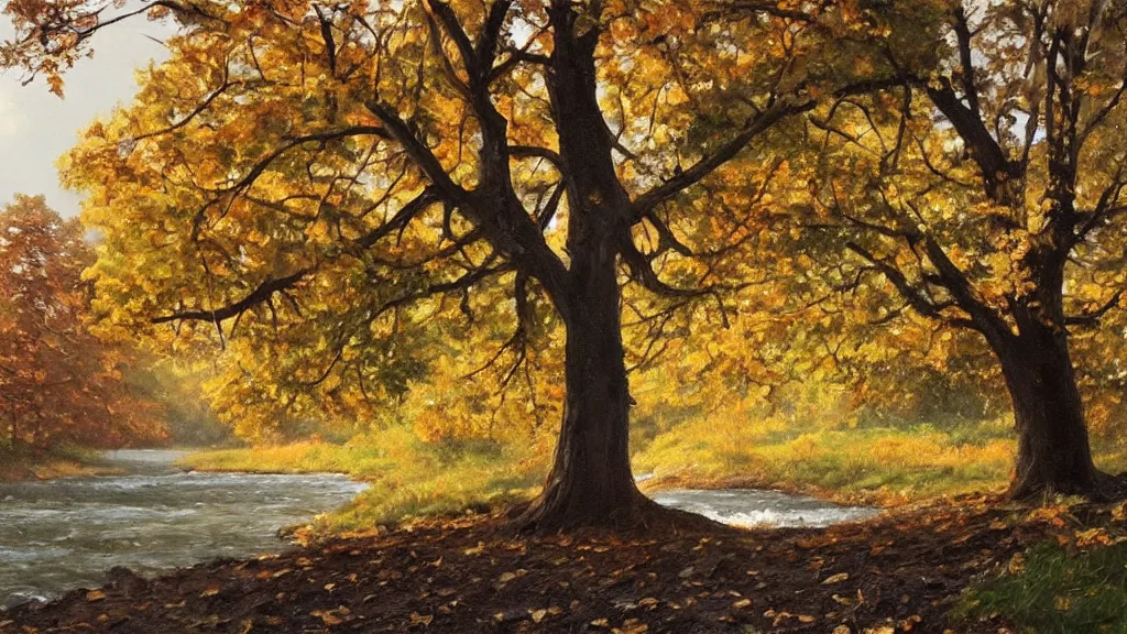Image similar to A beautiful oil painting of a single tree, the tree is in the rule of thirds, a family is under the tree having a picnic, the kids are playing in the river, the fall has arrived and the leafs started to become golden and red, the river is flowing its way, the river has lots of dark grey rocks, oil painting by Greg Rutkowski