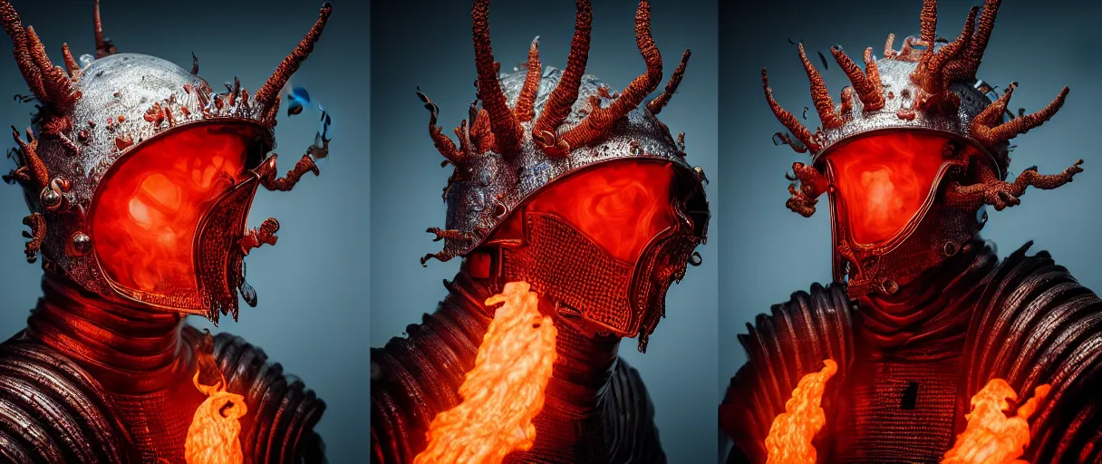 Image similar to hyperrealist highly detailed english medieval portrait of high fashion monster wearing flame fire smoke flame armor, radiating atomic neon corals, concept art pascal blanche dramatic studio lighting 8k wide angle shallow depth of field