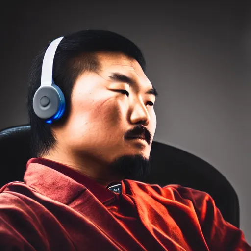 Prompt: Photo of Genghis Khan, wearing a headset, playing the game League of Legends, close-up, bored, sleep deprived, screaming, high detail, studio, 85mm Sigma Art Lens