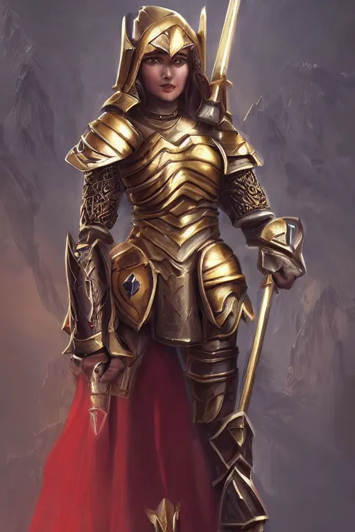 Prompt: gorgeous female Paladin, beautiful face, mace and shield, dark golden hair, White and red armor, crusade, trending on Artstation artstationHD, artstationHQ, cgsociety, extremely detailed, low fantasy, matte painting