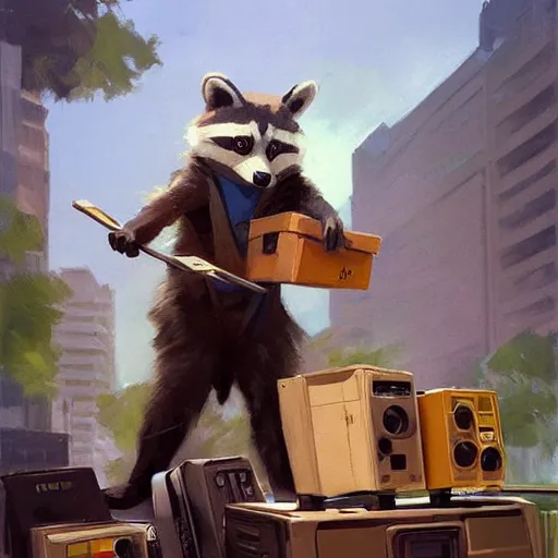 Image similar to greg manchess painting of a trash panda character, holding a box of cables and standing next to old electronic equiptment, medium shot, asymmetrical, profile picture, organic painting, sunny day, matte painting, bold shapes, hard edges, street art, trending on artstation, by huang guangjian and gil elvgren and sachin teng