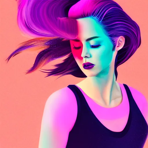 Image similar to a award winning half body portrait of a beautiful woman in a croptop with a ombre purple pink teal hairstyle with head in motion and hair flying, outrun, vaporware, vivid colors, highly detailed, fine detail, intricate