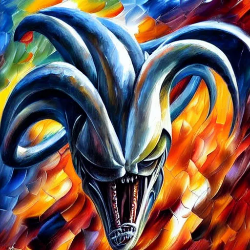 Prompt: portrait painting of a Xenomorph, by Leonid Afremov