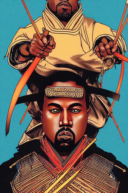 Image similar to poster of kanye west as a samurai, by yoichi hatakenaka, masamune shirow, josan gonzales and dan mumford, ayami kojima, takato yamamoto, barclay shaw, karol bak, yukito kishiro, highly detailed