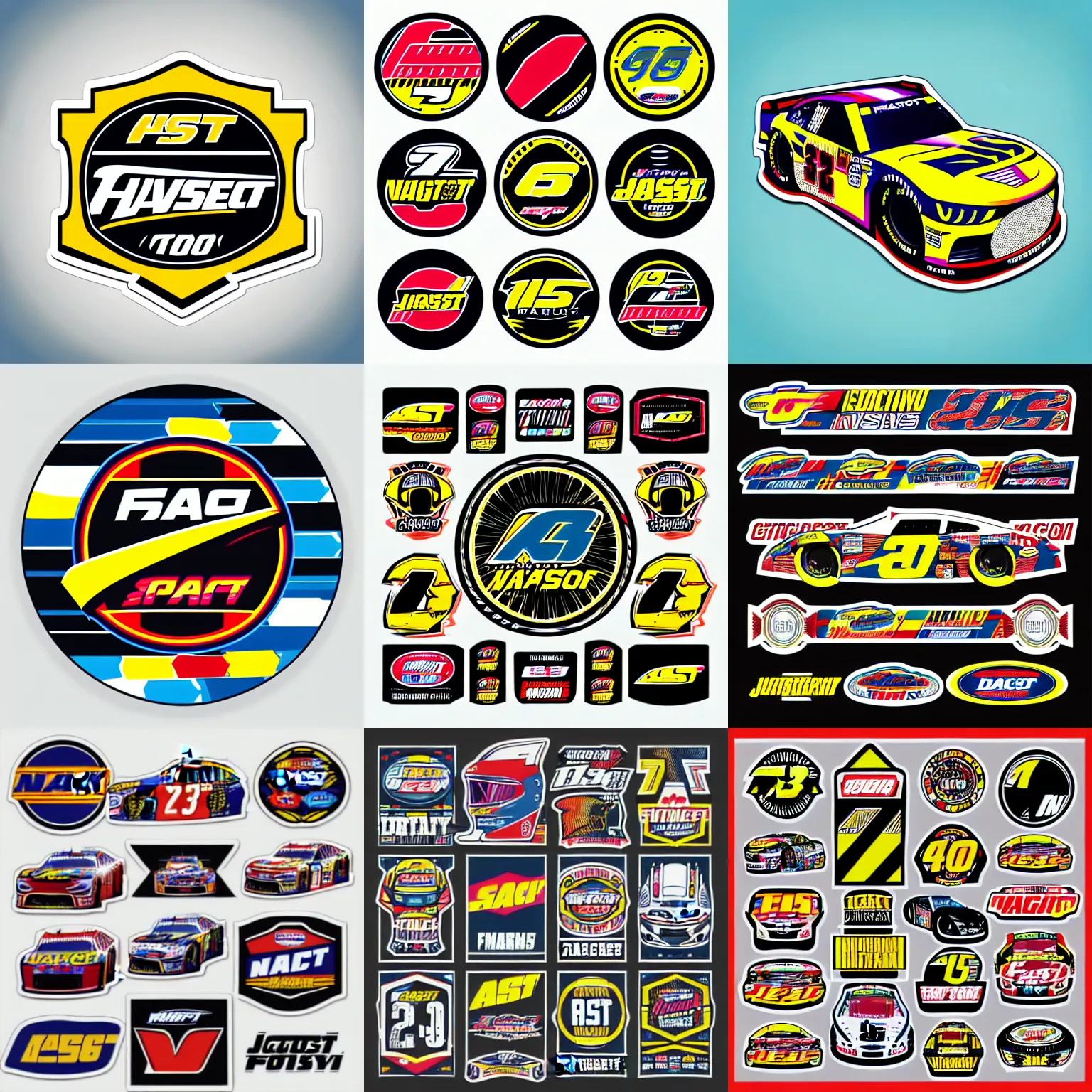 Prompt: “nascar sticker bomb, cluttered, sticker, highly detailed, colorful, illustration, smooth and clean vector curves, no jagged lines, vector art, logo”