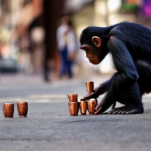 Image similar to a 5 0 mm photo of a chimpanzee picking up pennies on a street in manhattan, breathtaking, detailed and intricate environment, hyperrealistic