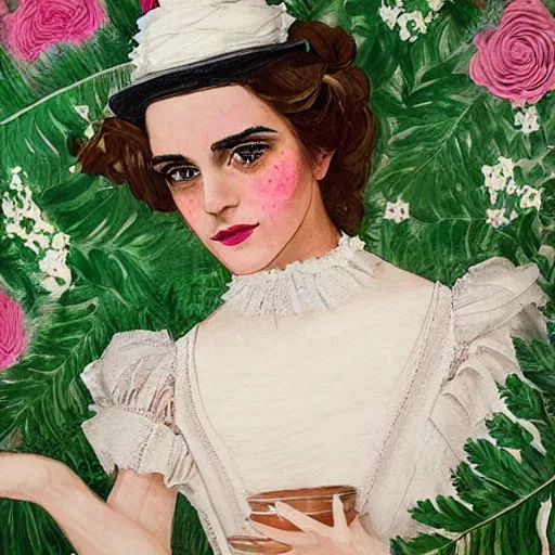 Image similar to On Construction Paper full body fashion model emma watson by Winslow Homer smokey eyes makeup eye shadow fantasy, glow, shimmer as victorian woman in a long white frilly lace dress and a large white hat having tea in a sunroom filled with flowers, roses and lush fern flowers ,intricate, night, highly detailed, dramatic lighting , high quality