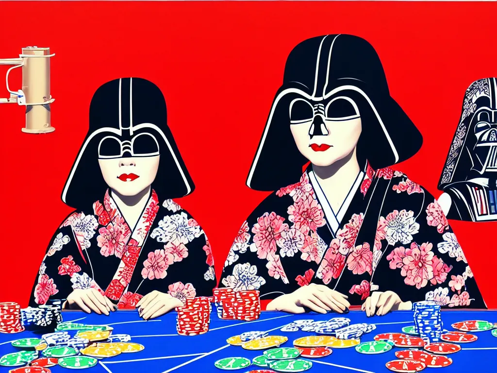 Image similar to hyperrealistic composition of the detailed woman in a japanese kimono sitting at a poker table with detailed darth vader, fireworks, mount fuji on the background, pop - art style, jacky tsai style, andy warhol style, acrylic on canvas