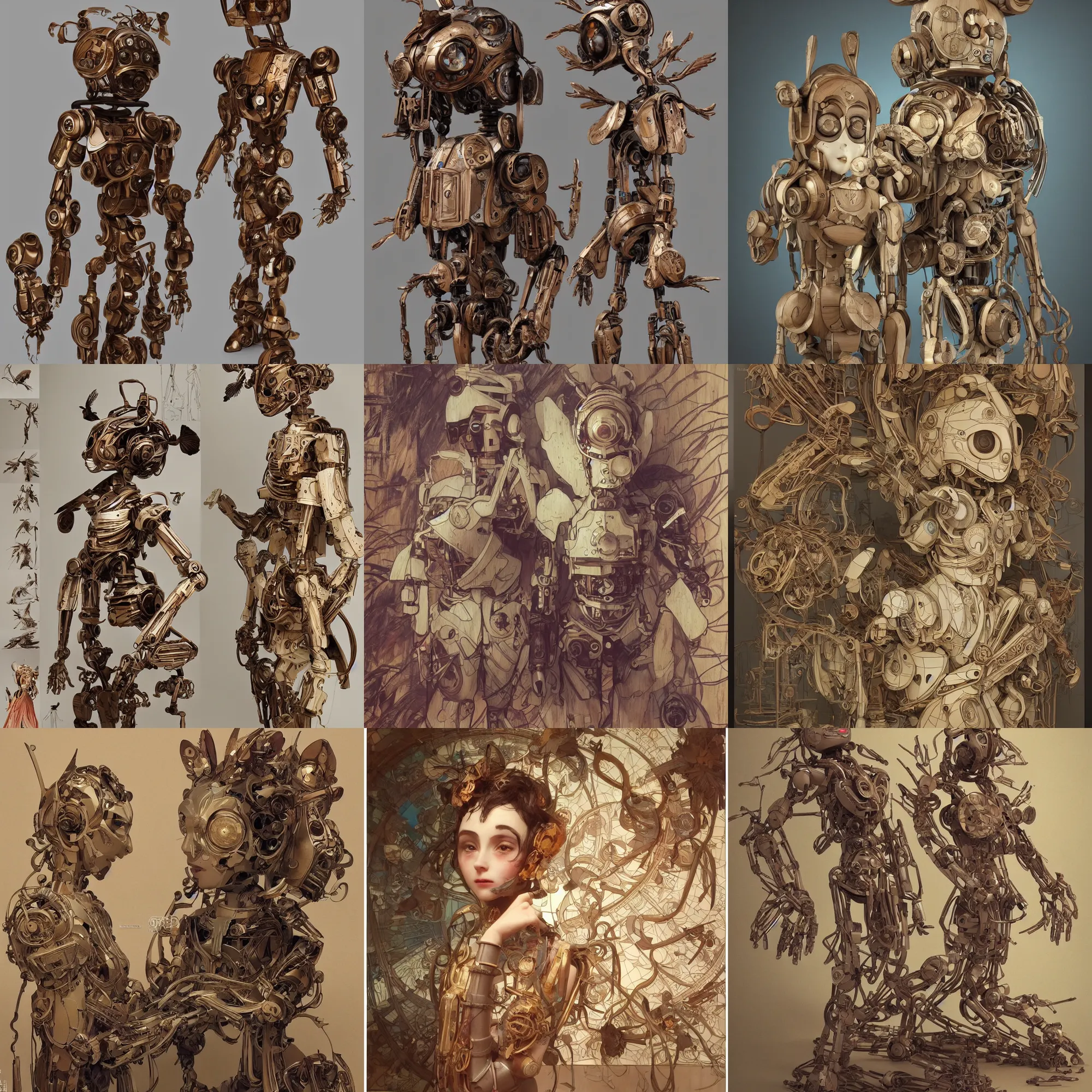 Prompt: 3D 8k octan render ,ultra photorealistic, detailed unreal engine ,a wooden sculpture wooden art toys wooden on feet : very cute robot wooden with birds ears zen méditation cyberpunk concept art wooden ,trending on cgsociety, a contemporary art gallery art in néo Paris ,art by Alphonse Mucha