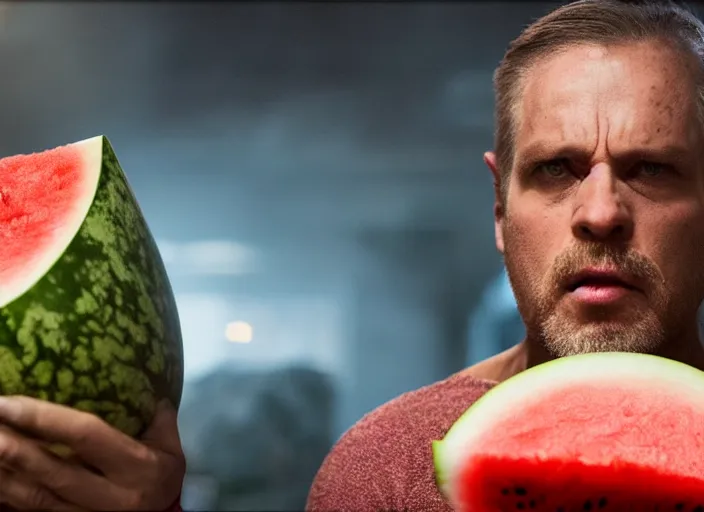 Image similar to film still of a man with a watermelon for a head in the new scifi movie, 4 k