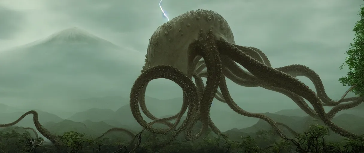 Prompt: a giant octopus god floating over a rain forest, lightning, ambient sun, a volcano erupts, still from the movie the arrival, 8k