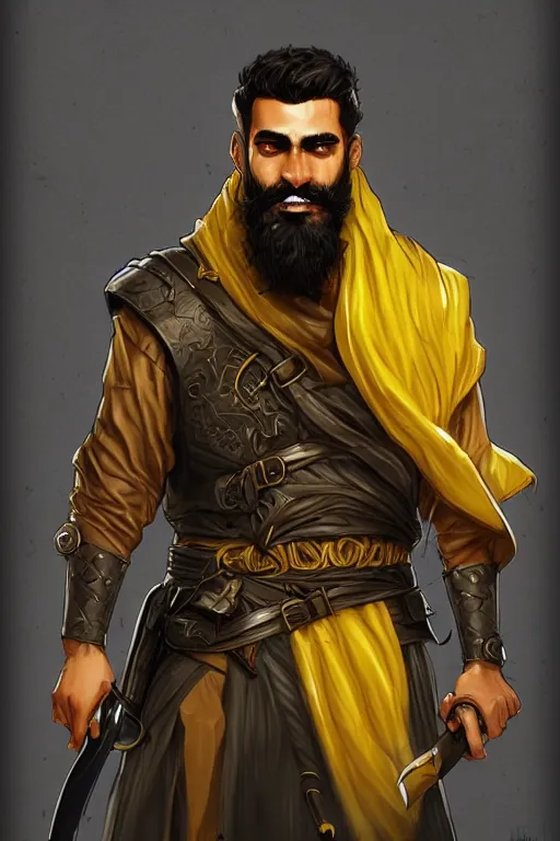 Image similar to Arab man light beard, curly hair, swordsman, modern, hero, leather , yellow and charcoal, character concept art, costume design, trending on artstation, Artgerm , WLOP