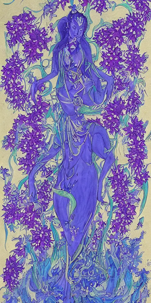 Image similar to a big blue djinn with liliacs by ayami kohima