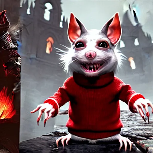 Prompt: stuart little as a monstrous dark souls boss, wearing a red sweater and his fur is white, visually grotesque, unreal engine 2, style of asylum demon, forked tongue