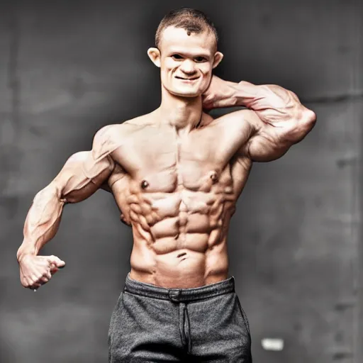 Prompt: vitalik buterin bodybuilder, macho, strong, photo