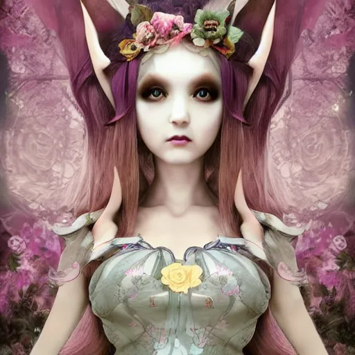 Image similar to Ethereal, mysterious stunning maximalist mesmerizing elven girl with elf ears from the rainbow sky paradise, high-tech, Victorian gothic lolita fashion, by Mark Ryden, artgerm, Hiroyuki-Mitsume Takahashi, WLOP, Goto Fujita, 奈良美智, Pixiv 3DCG, DAZ Studio, highly detailed, photorealistic, 8k resolution 3D, cinematic, dynamic lighting, octane render