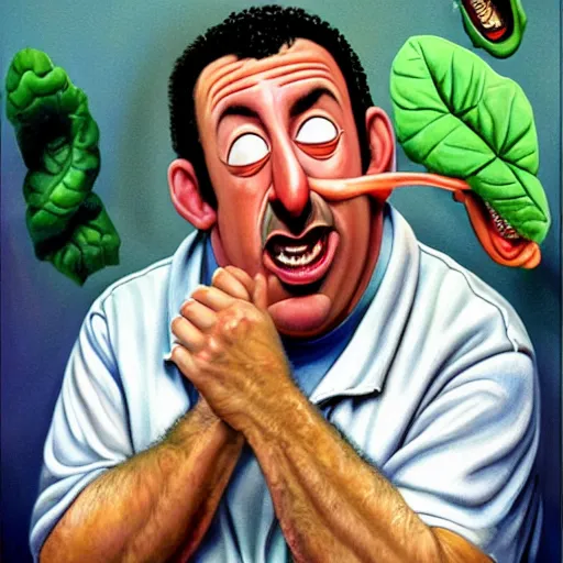 Image similar to beautiful lifelike painting of adam sandlers agitated asthma attack, hyperreal detailed facial features and uv lighting, art by ed roth and basil wolverton