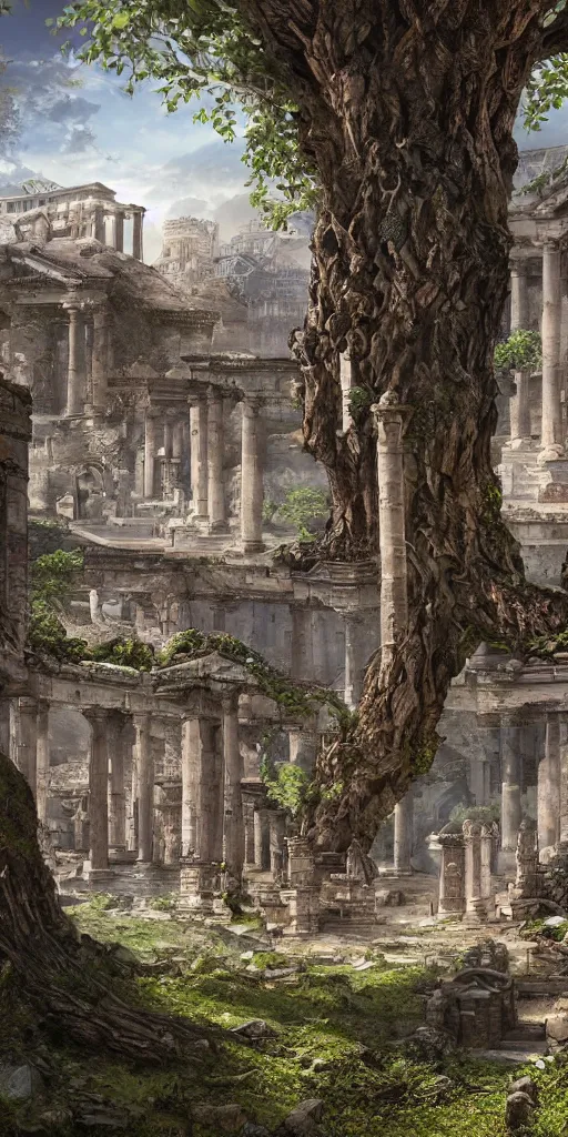 Image similar to sprawling roman city built at the base of a collosal tree, wide shot, digital art, detailed, fantasy