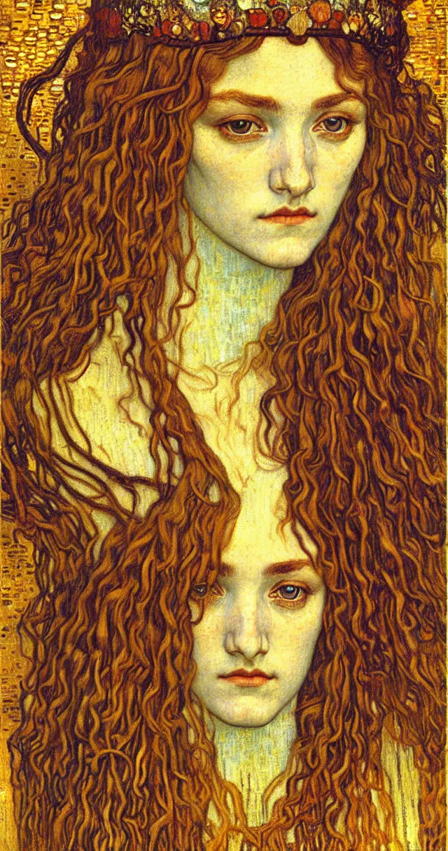 Image similar to detailed realistic beautiful young medieval queen face portrait by jean delville, gustav klimt and vincent van gogh, art nouveau, symbolist, visionary, gothic, pre - raphaelite, muted earthy colors, desaturated