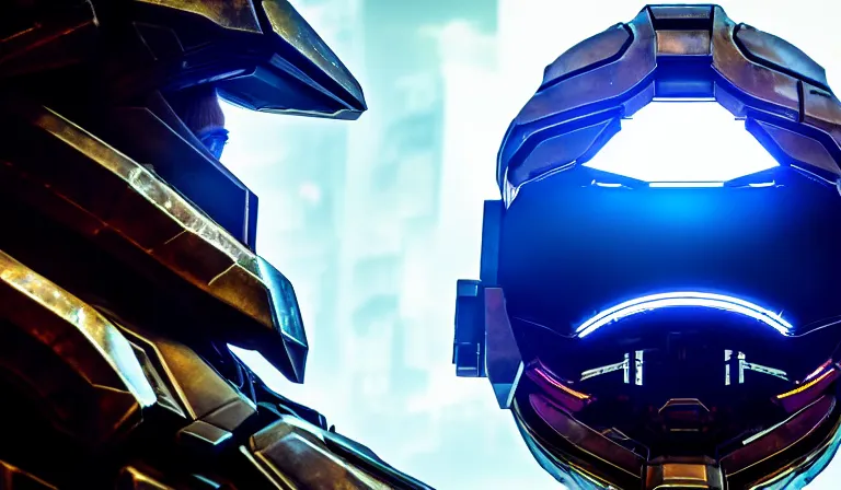 Image similar to cyberpunk halo helmet on space looking up, close shot, reflection, epic, dramatic, cinematic, award winning, ultra detailed, realistic, 8k,