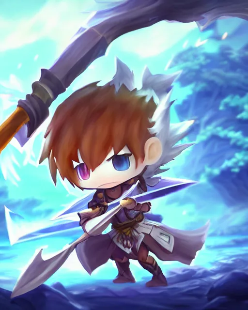 Image similar to oil painting of a cute chibi MapleStory warrior,, attacking, casting a spell with a spear, wearing a MapleStory warrior outfit, sharp focus, fantasy style, octane render, volumetric lighting, 8k high definition, by greg rutkowski, highly detailed, trending on artstation, magic the gathering artwork, Perion background from MapleStory, centered